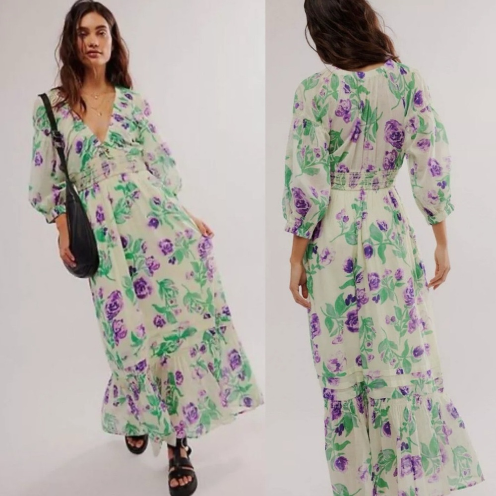 New Free People Golden Hour Maxi Dress Saltwater Combo Green Floral - Picture 1 of 5